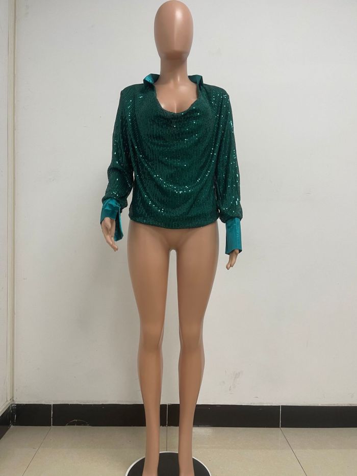 Women's Deep V Pleated Loose Ladies Chic Sequin Long Sleeve Shirt
