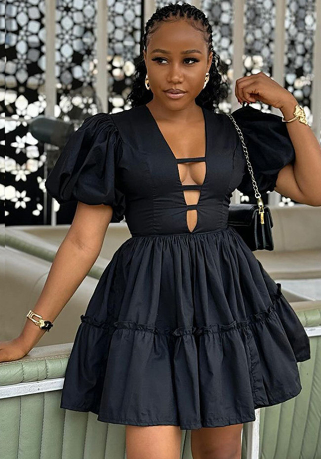 Women Summer V Neck Puff Sleeve Dress