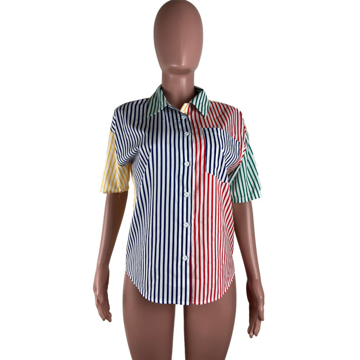 Spring Women's Fashion Multicolor Striped Print Shirt
