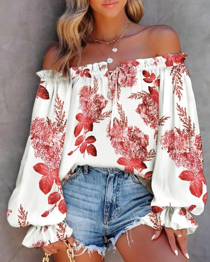 Women Spring Off Shoulder Bell Bottom Long Sleeve Tie Shirt