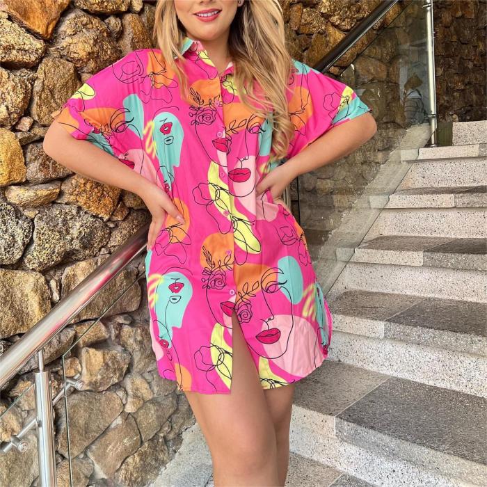 Plus Size V-neck Cartoon Print Slim Fit Short Sleeve Shirt for Women