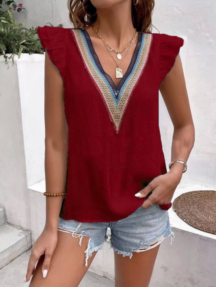 Summer v-neck lace Patchwork Ruffle Sleeve simple solid color shirt