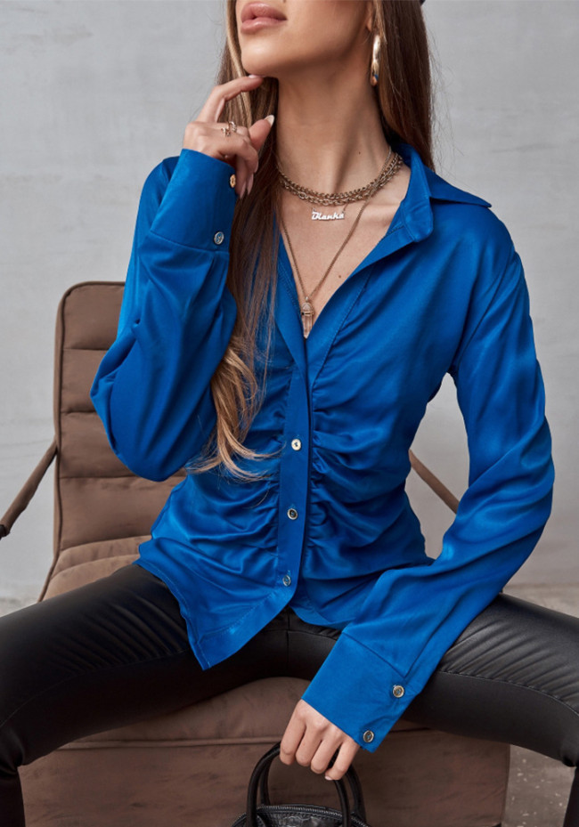 Career Women Blouse Solid Color Long Sleeve Spring Autumn Pleated Chic Elegant Shirt