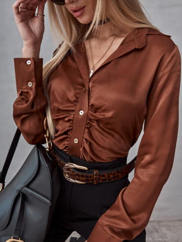 Career Women Blouse Solid Color Long Sleeve Spring Autumn Pleated Chic Elegant Shirt