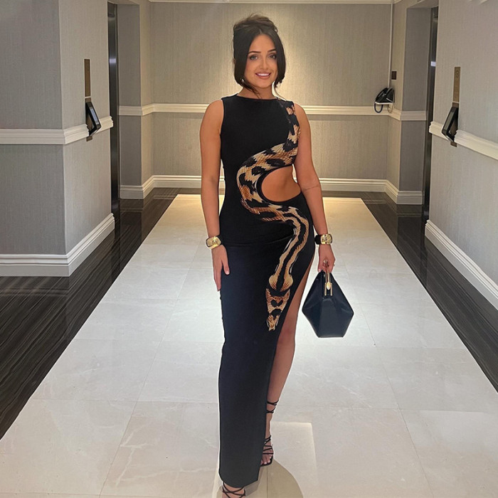 Summer Round Neck Sleeveless Snake Print Hollow Split Long Dress