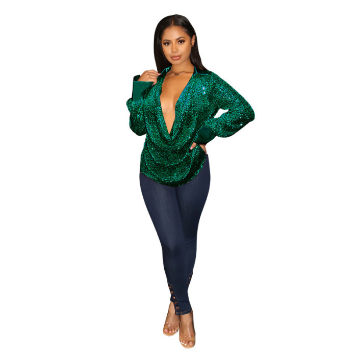 Women's Deep V Pleated Loose Ladies Chic Sequin Long Sleeve Shirt