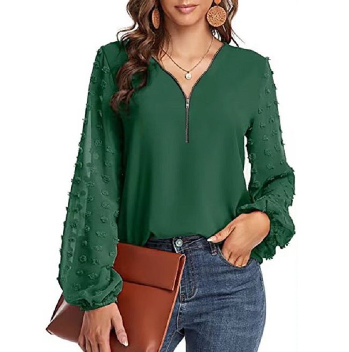 Women Summer V-Neck Long Sleeve Patchwork Top