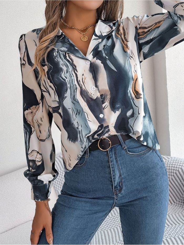 Fall Winter Casual Contrast Stripe Turndown Collar Long Sleeve Shirt
