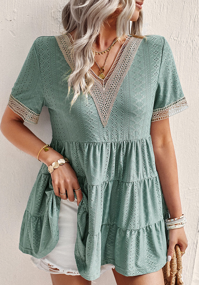 Women Summer V-neck Hollow Jacquard Short Sleeve Top