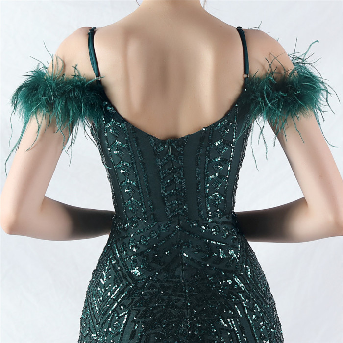 Strap V-Neck Feather Formal Party Evening Dress