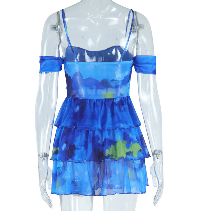 Women printed Chic sexy suspenders Backless dress