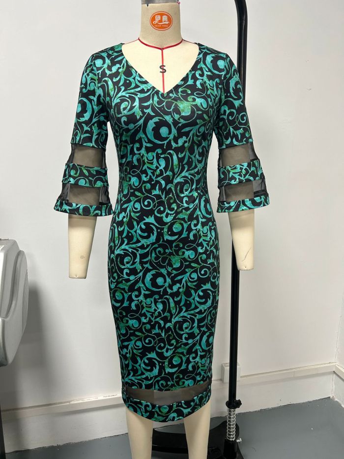 Women Print Bell Bottom Sleeve V-neck Chic Mesh Patchwork Bodycon Dress
