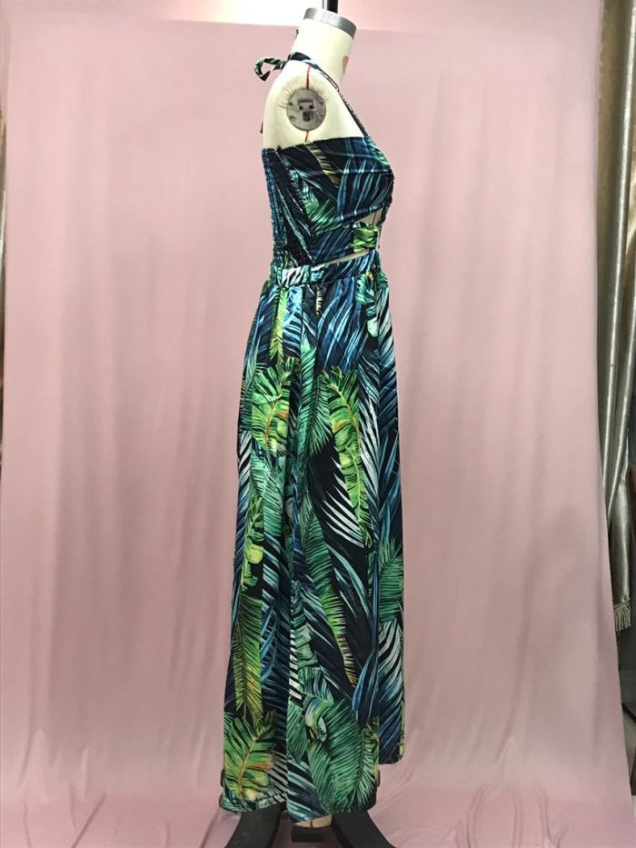 Women's Fashionable Sexy Halter Lace-Up Print Long Dress