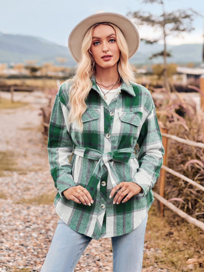 Autumn/Winter Casual Blouse Turndowm Collar Plaid Waist Ladies Long Sleeve Shirt Jacket