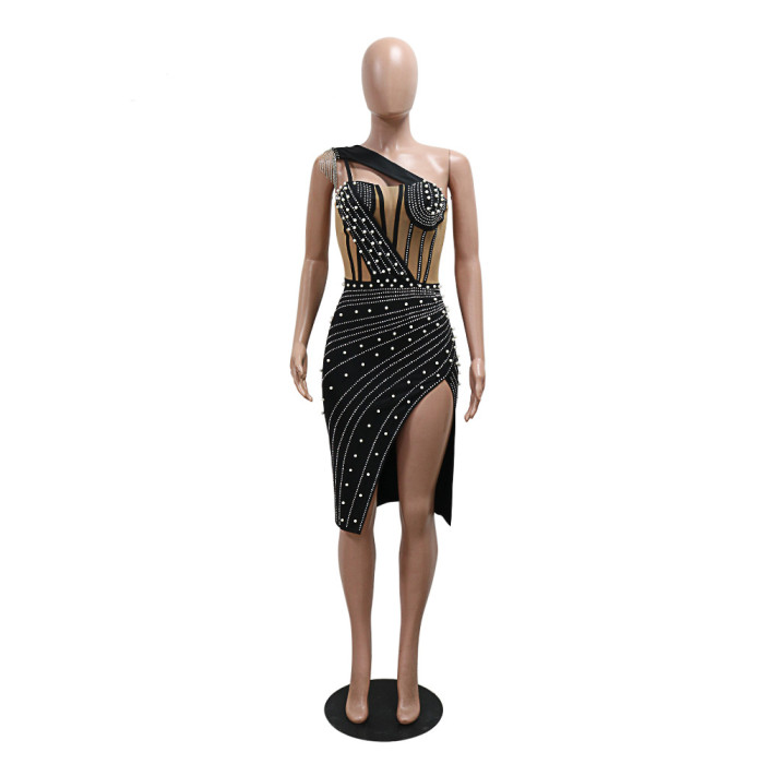 Fashionable Sexy Slash Shoulder Slit Beaded Bodycon Dress