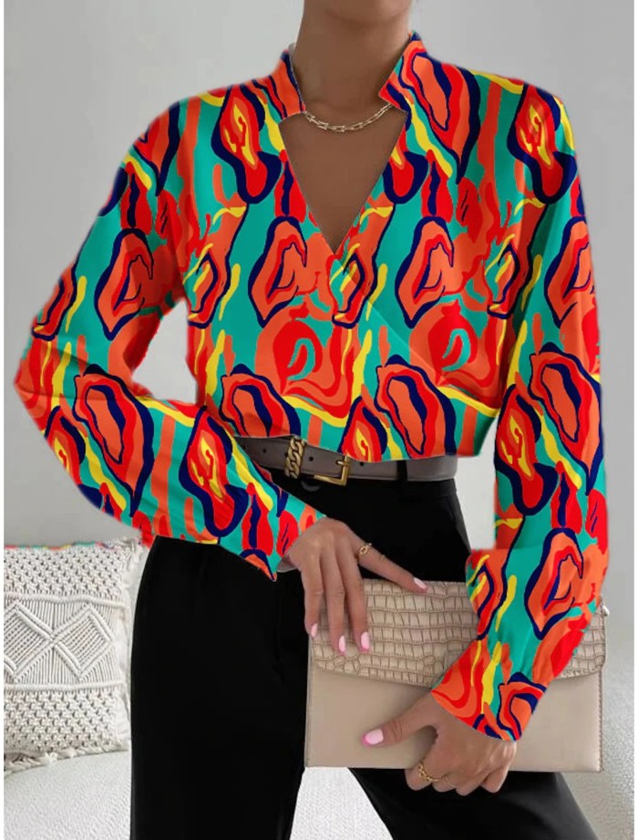 Women's Autumn Long Sleeve V Neck Patchwork Shirt