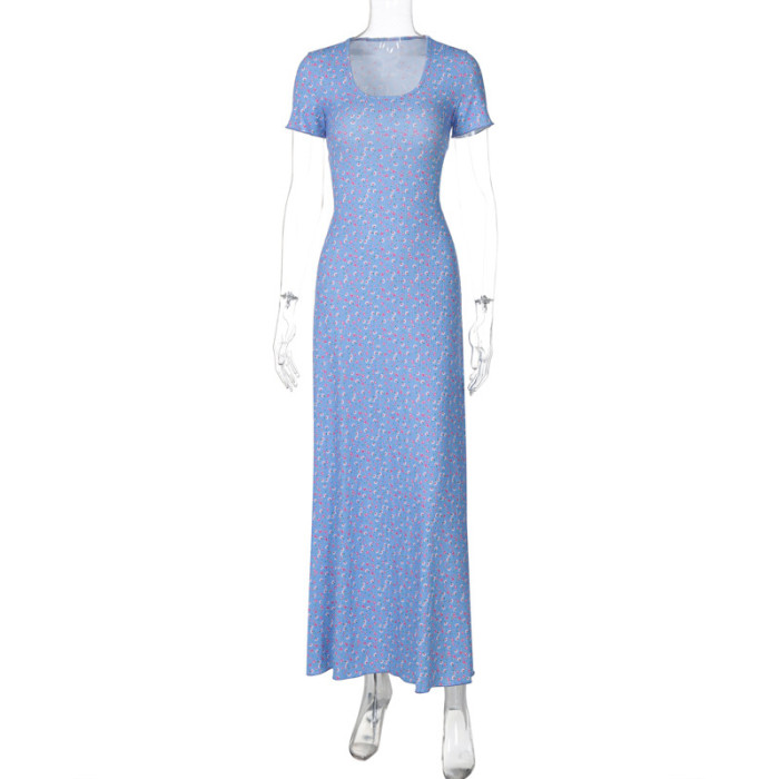 Women Summer Printed U-neck Lace-Up Short Sleeve Dress