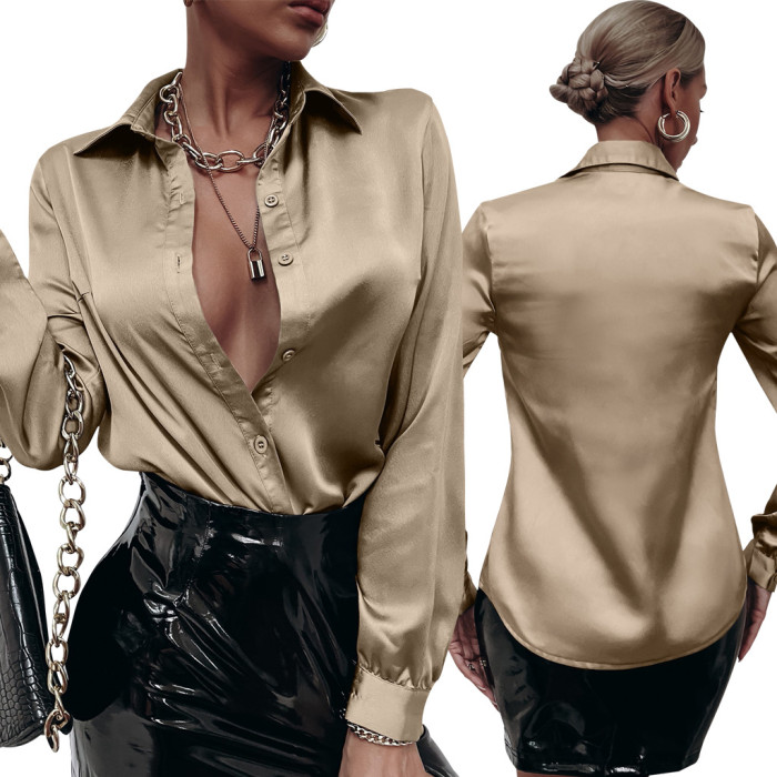 Sexy Fashion Solid Color Long Sleeve Shirt Satin Blouse