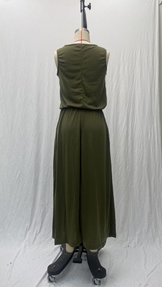 Summer Women's Trendy Retro Round Neck Sleeveless Slit Solid Color Casual Dress