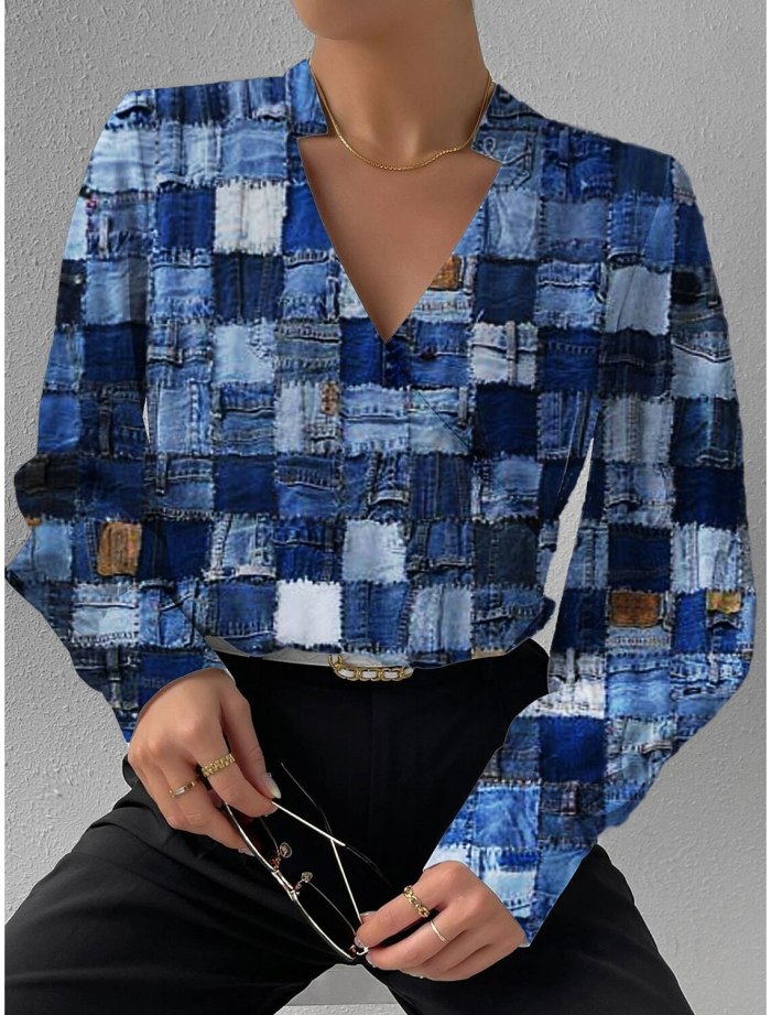 Women's Autumn Long Sleeve V Neck Patchwork Shirt