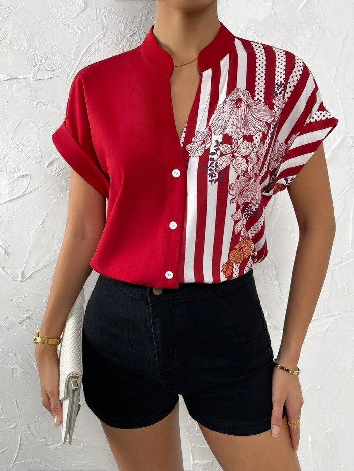 Women Summer Color Block Floral Short Sleeve Shirt