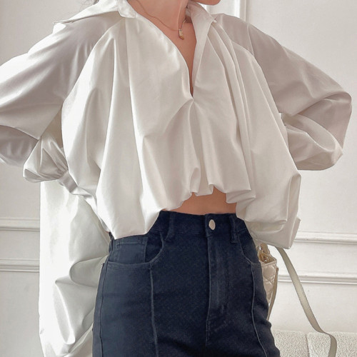 Fall Turndown Collar Balloon Sleeve Long Cuff Pleated Solid Color Irregular Women's Open Waist Shirt