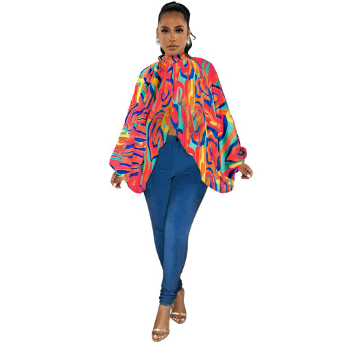 Women's Fashion Lace-up Printed Chiffon Shirt Bat Sleeves Top