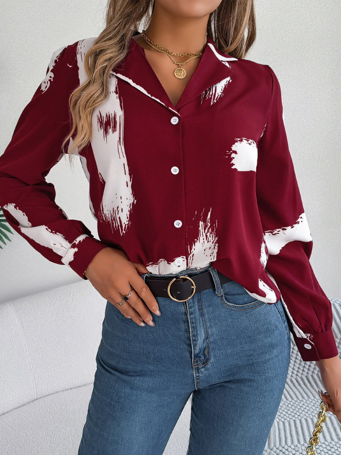Wind Fall Winter Chic Color Contrast Stripe Turndown Collar Long Sleeve Shirt