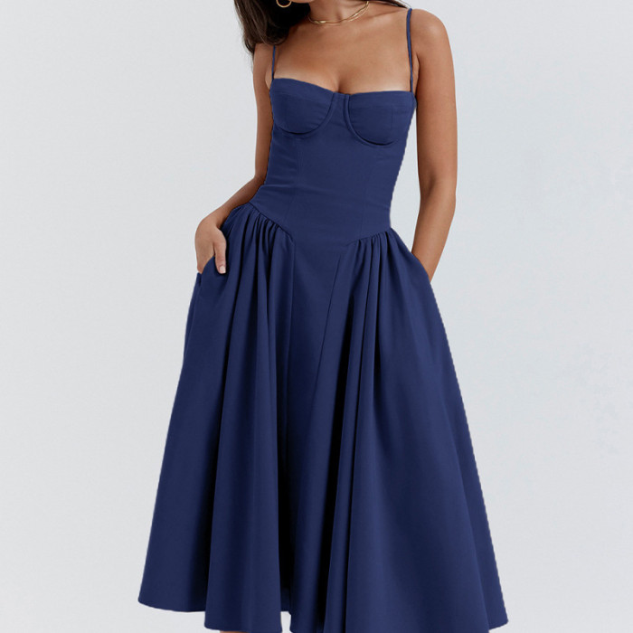 Fashionable Sexy Solid Color Strap A-line Dress