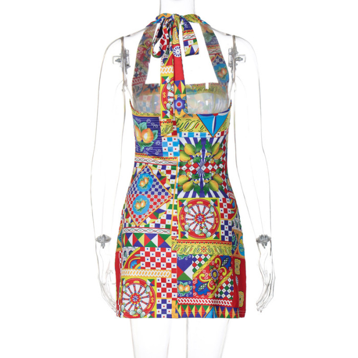 Summer Women's Fashion Printed Sexy Halter Neck Low Back Dress