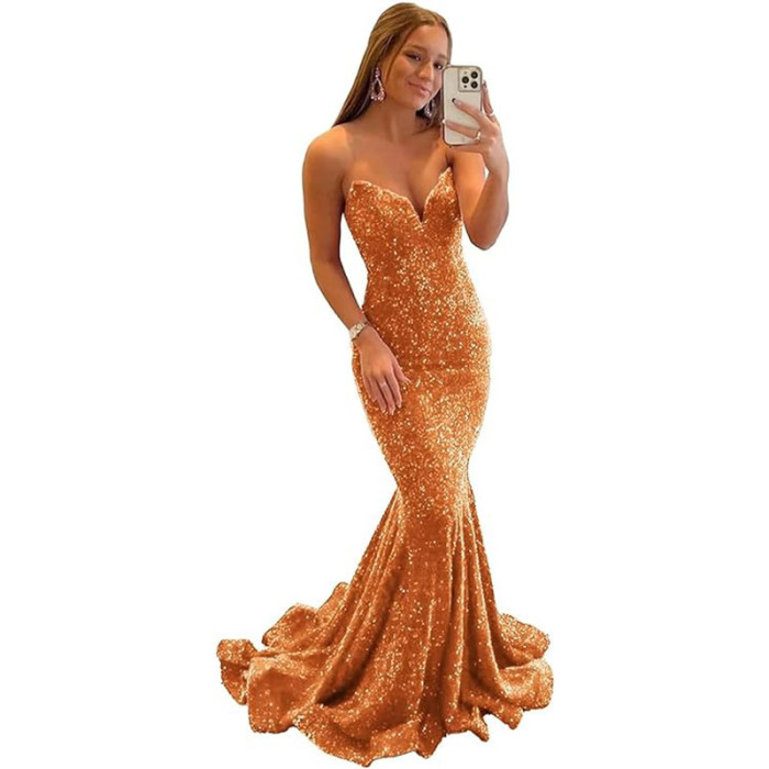 Women Sequined Ball Party Fishtail Shining V Neck Evening Dress