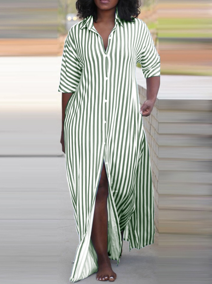 Women Summer Loose V-Neck Long Striped Shirt Dress