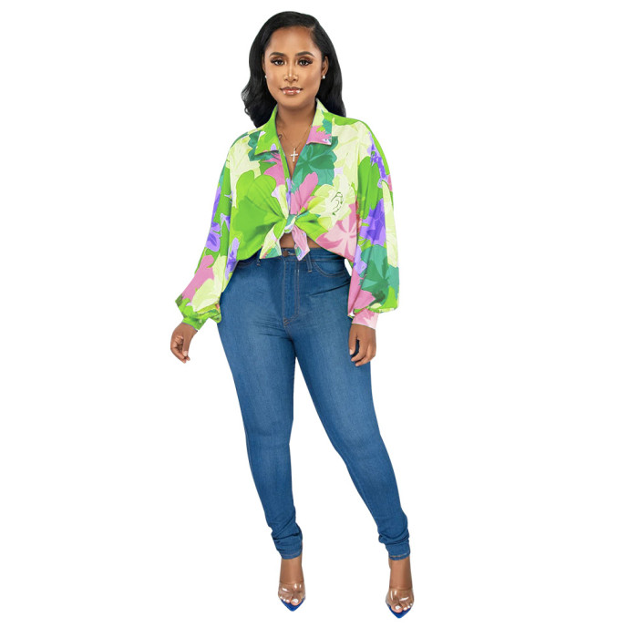 Women's Bat Sleeves Top Turndown Collar Print Shirt