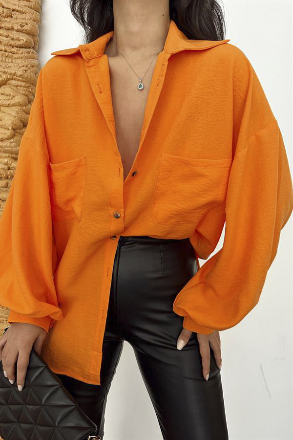 Women's Spring Turndown Collar Long Sleeve Shirt Loose Plus Size Balloon Sleeve Pocket Solid Top
