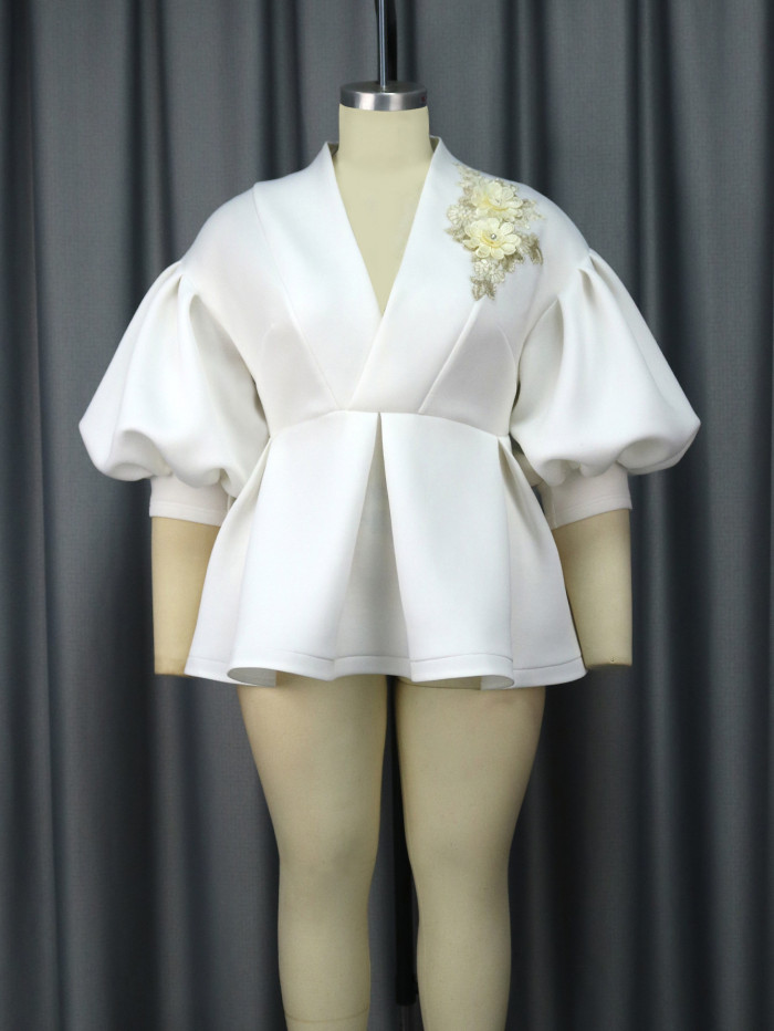 Plus Size Women Balloon Sleeves Turndown Collar Embroidered Top