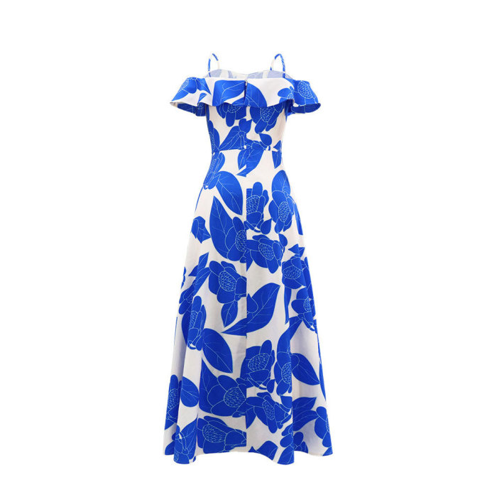 Women Printed Off Shoulder Strap High Slit Long Dress