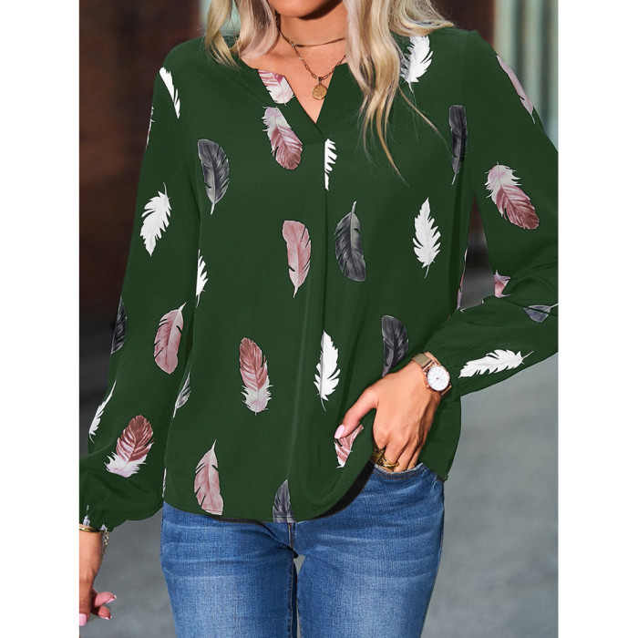 Autumn and winter women's v-neck feather print long-sleeved loose t-shirt women's tops