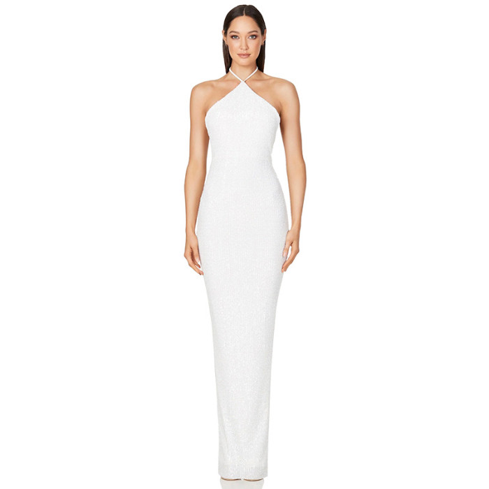 Women sleeveless French split sequin party Evening Dress