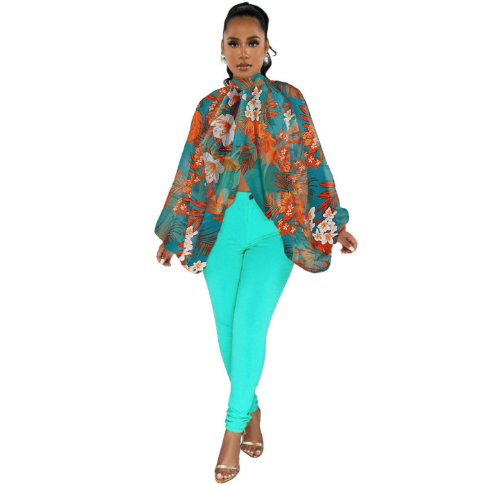Women's Fashion Lace-up Printed Chiffon Shirt Bat Sleeves Top