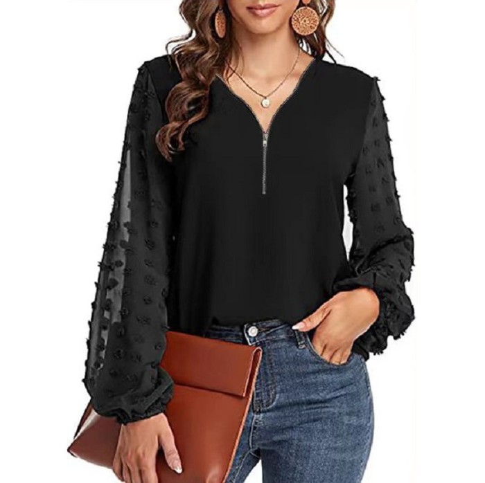 Women Summer V-Neck Long Sleeve Patchwork Top