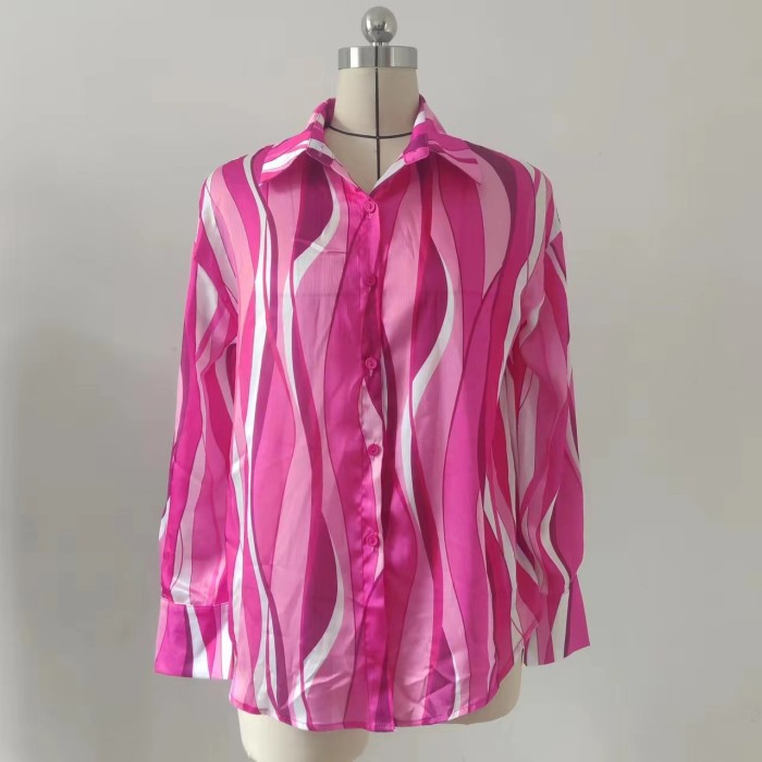 Career Women Blouse Vertical Stripe Loose Digital Printing Style Street Long Sleeve Shirt