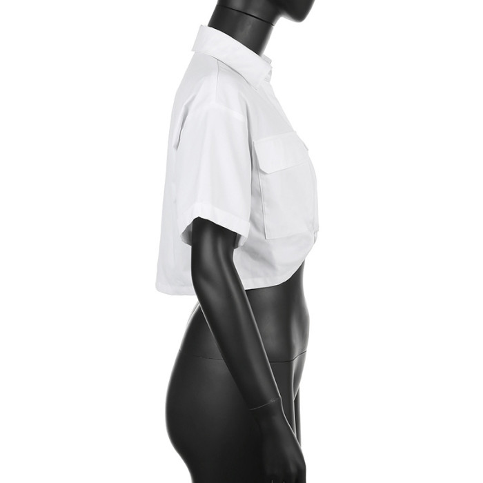 WomenSexy Knot Solid Polo Collar Crop Shirt