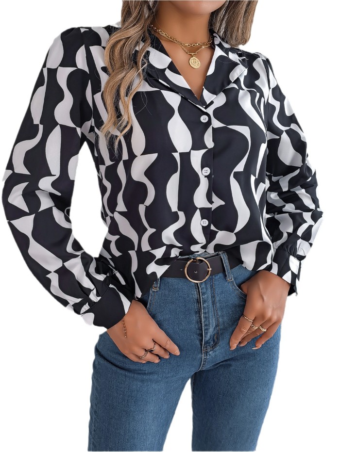 Fall Winter Career Chic Color Contrast Stripe Turndown Collar Long Sleeve Women's Shirt