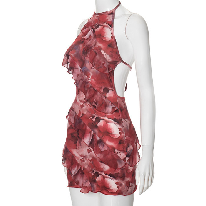 Summer Women's Fashion Halter Neck Sexy Slim Ruffle Dress