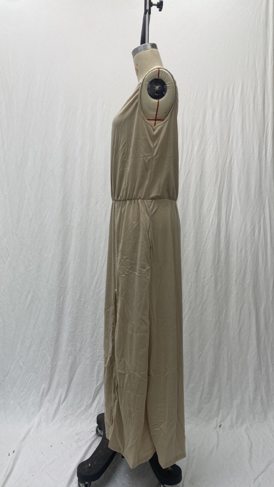 Summer Women's Trendy Retro Round Neck Sleeveless Slit Solid Color Casual Dress