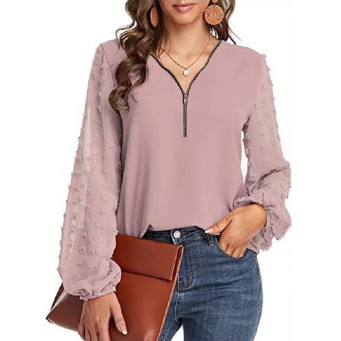 Women Summer V-Neck Long Sleeve Patchwork Top