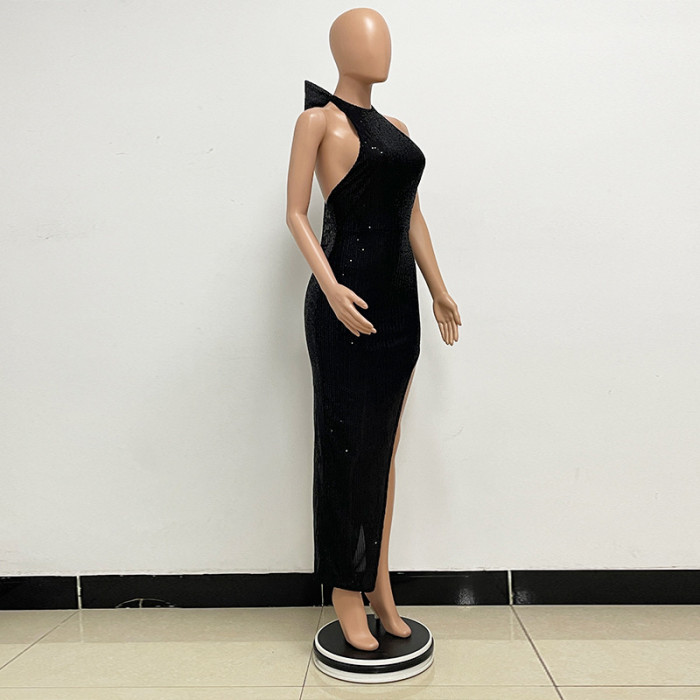 Women sequin split Halter Neck big bow Maxi Evening Dress