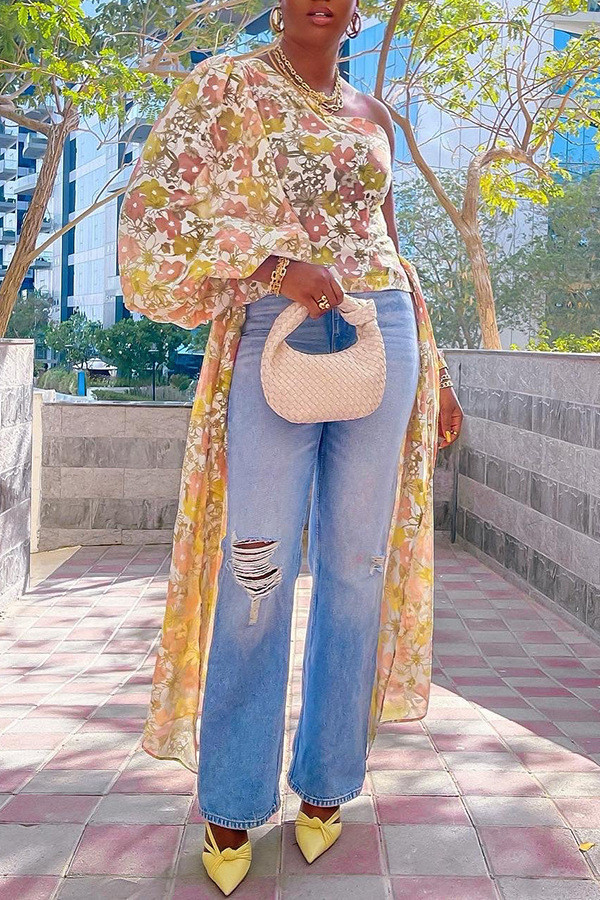Women Sexy Print Single Sleeve Bell Bottom Sleeve Top