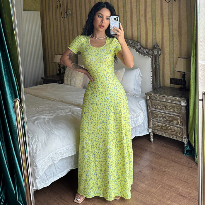 Women Summer Printed U-neck Lace-Up Short Sleeve Dress