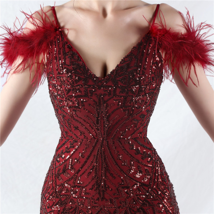 Strap V-Neck Feather Formal Party Evening Dress